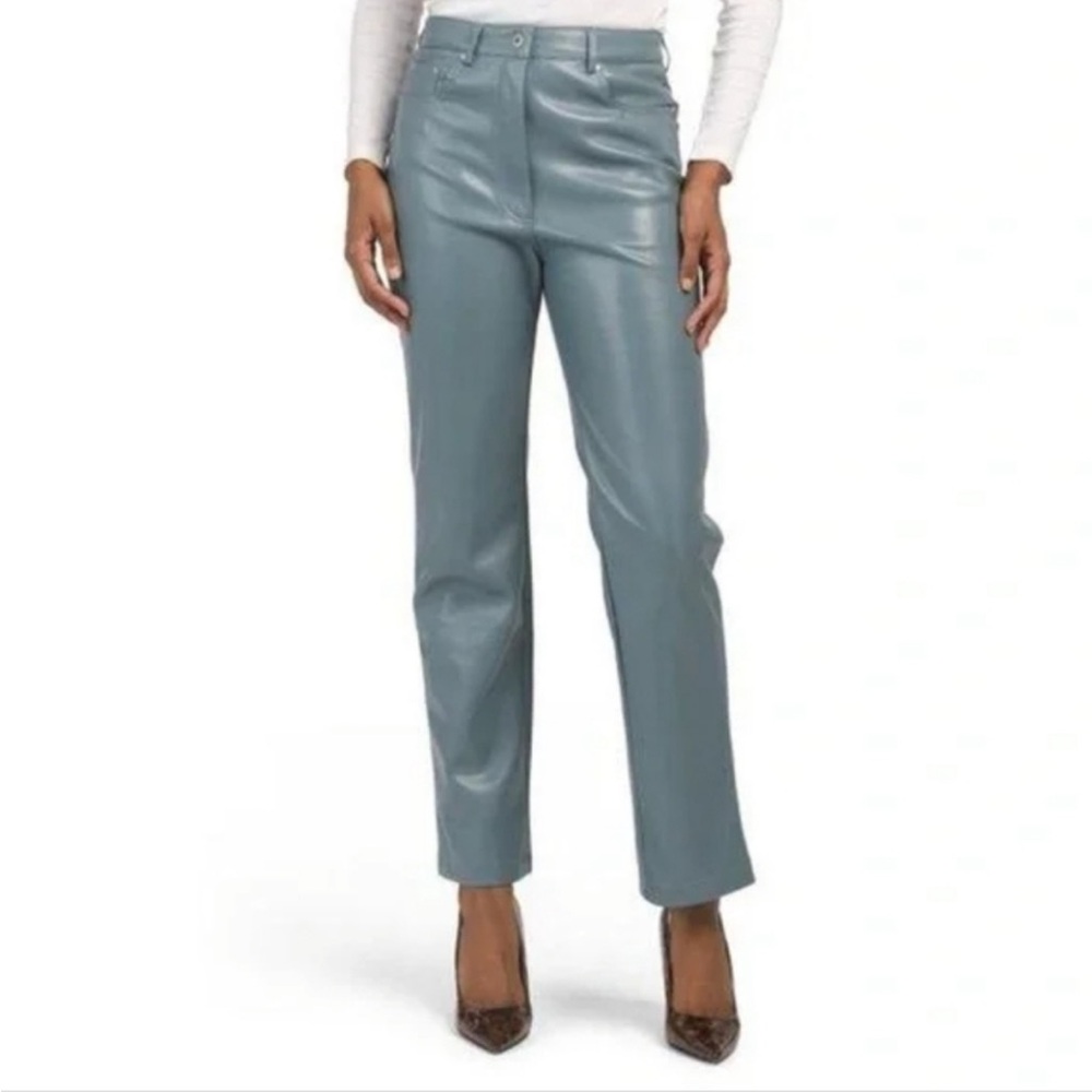 7 For All Mankind High Waist Faux-Leather Pants Trouser Blue-Green Gray Small